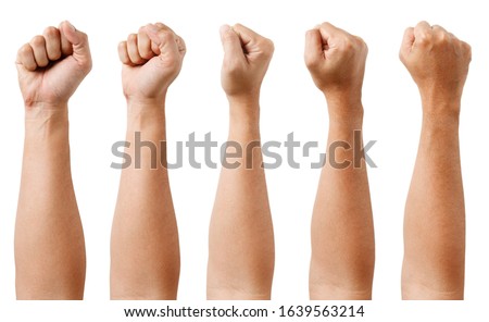 GROUP of Male asian hand gestures isolated over the white background. Grab with five fingers Action. Fist. Royalty-Free Stock Photo #1639563214