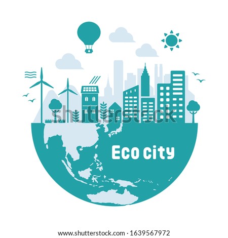 Blue eco city vector illustration ( ecology concept , nature conservation )