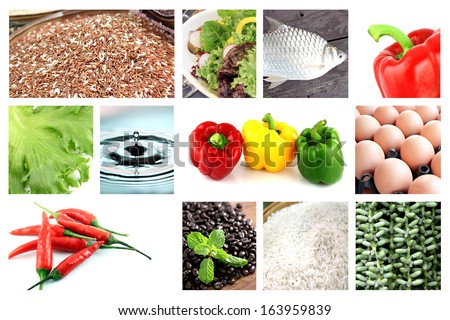 Healthy foods mix in the picture,For example Chili,Fish,Vegetables,Rice,Water.