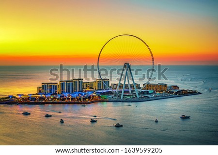 Blue Water Island,Dubai city and Jumeirah Beach Sunset Overview, United Arab Emirates Royalty-Free Stock Photo #1639599205