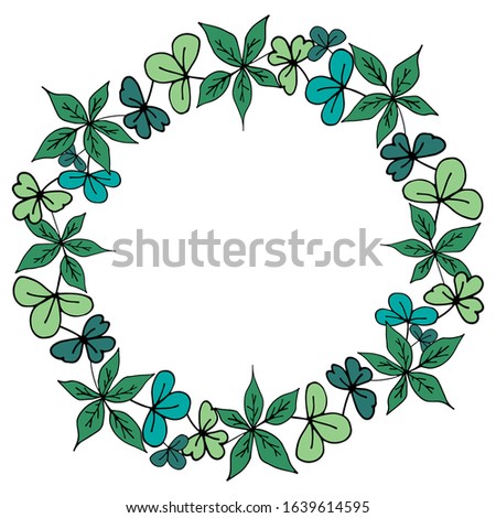 Round frame of hand-drawn green leaves. Vector illustration. Cute design. Printing design. On white background