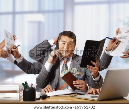 businessman with eight hands in elegant suit working hold notepad clipboard, cell phone, paper, document, contract, folder business plan. Concept of busy