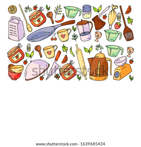 Pattern with food and kitchen enviroment. Cooking class, menu for restaurant, banners for stores