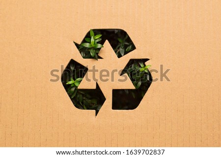 Recycling mark "mebius loop" carved into cardboard with branches growing through it. Royalty-Free Stock Photo #1639702837