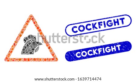 Mosaic chicken warning icon and red rounded grunge stamp seal with Cockfight caption and coronavirus symbol. Mosaic vector is created with chicken warning icon and with randomized round elements.
