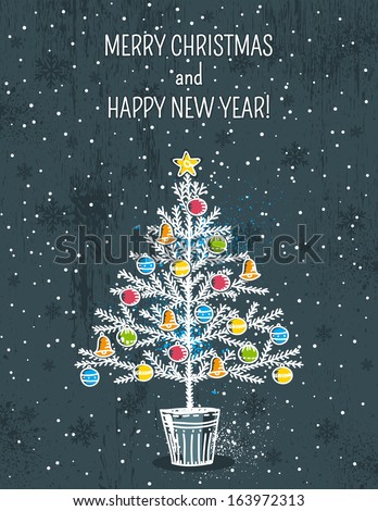 grey background with christmas tree, vector illustration