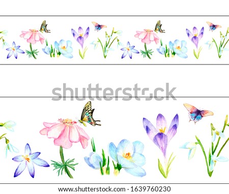 watercolor horizontal banner, seamless pattern. Spring, spring flowers butterflies
