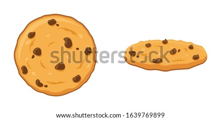 Chocolate chip cookies. Original cookies cartoon vector illustration isolated on white background. Top view and side view.