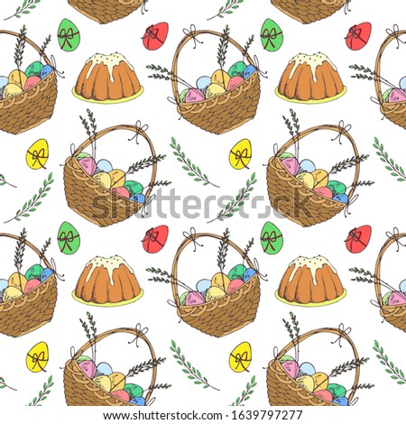 Happy Easter Day Seamless Pattern with Easter basket, cake, painted eggs, leaf branches. For printing wrapping paper, wallpaper, packaging, fabric. Hand Drawn vector illustration.