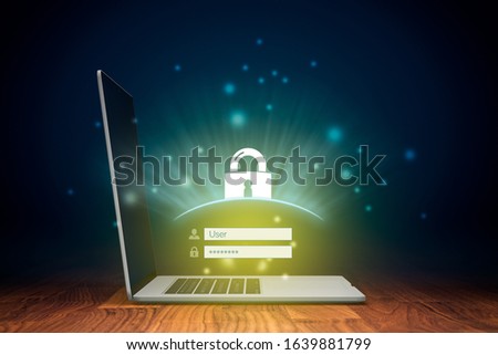 Cybersecurity and computer security concept. Notebook and login screen and padlock symbolizing computer security.