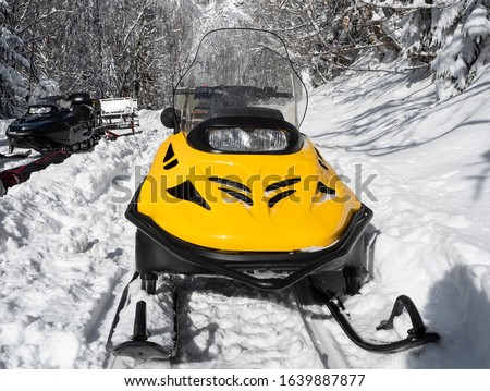 Front view of yellow and black snowmobiles on snow at winter sunny day