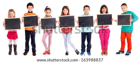 group of kids holding blackboard isolated in white