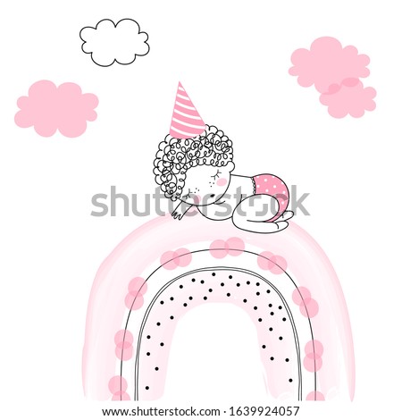Cute cartoon new born baby sleeping on whimsical pink rainbow. Simple linear drawing of little festal child in cone hat. Birthday party Baby shower nursery design. Vector illustration isolated on