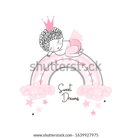 Cute cartoon new born princess baby girl in ballerina skirt sleeping on whimsical pink rainbow. Simple linear drawing of little festal doll in crown. Birthday party Baby shower nursery girlish design