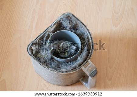 Vacuum cleaner garbage container full of dust and dirt. Full Vacuum cleaner on the floor. Indoor cleaning. Household chores or cleaning company. Selective focus. Royalty-Free Stock Photo #1639930912