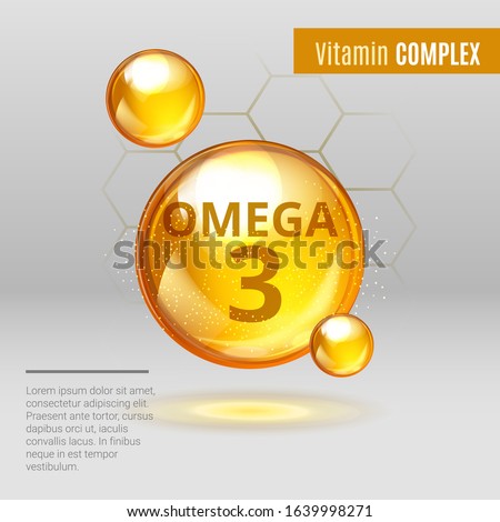 Vitamin Omega-3 Fatty Acids gold shining pill capsule icon . Vitamin complex with Chemical formula Dietary supplement .Shining golden substance drop or essence droplet. Meds for health ads. Vector  Royalty-Free Stock Photo #1639998271