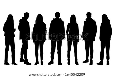 Vector silhouettes of  men and a women, a group of standing  business people, black color isolated on white background Royalty-Free Stock Photo #1640042209