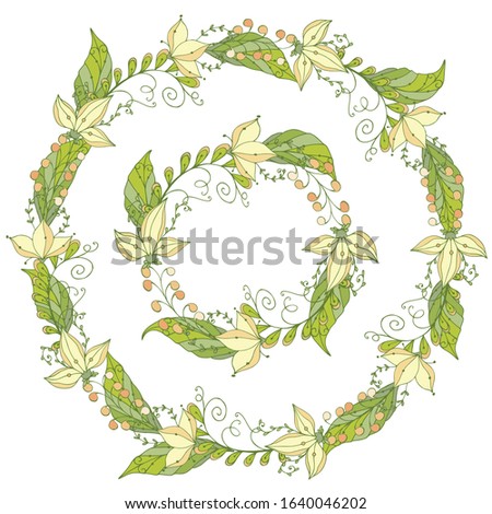 Floral wreath in oriental style. Round frames patterns with orange-yellow stylized flowers. Festive folklore, ethnic set. For cards, greetings, various designs.