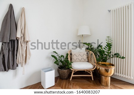 Interior of modern flat, Living room with white table, mirror