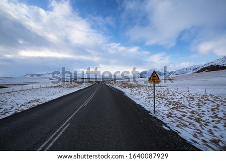Caution reindeer! A lonely road somewhere on Iceland with typical icelandic weaher.