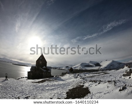 Picture of Sevanavank shooted in winter. Church is located in Armenian highlands and was founded in 9th century. This place welcomes a lot of tourists from all over the world in warm seasons.