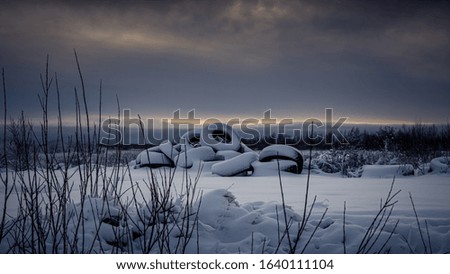 
Snowy shore with a bunch of discarded tires.