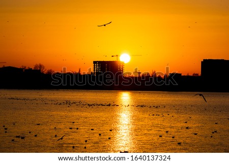 A beautiful sunset with a clear sky with crane and block in the background