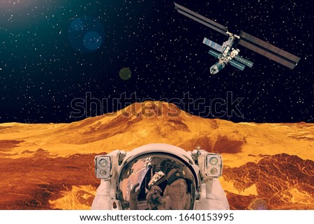 Space mission. Astronaut and rocky landscape. The elements of this image furnished by NASA.
