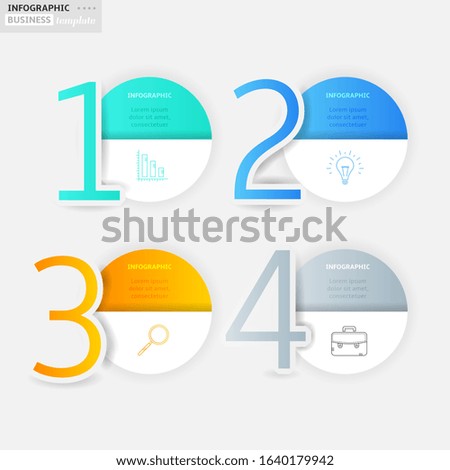 Set, group, collection of four modern labels, banners with numbers and simple line icons, isolated on white background, for infographics, presentations, documents