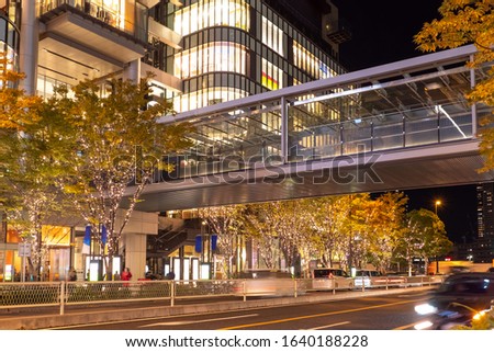 Japan. Osaka street in the evening. Autumn in Japan. Japanese city street. Elevated transition between buildings. Pedestrian bridge over the road. Trees with garlands on the street of Japan.  Royalty-Free Stock Photo #1640188228