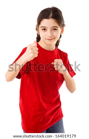 Angry girl showing his fists, isolated on white