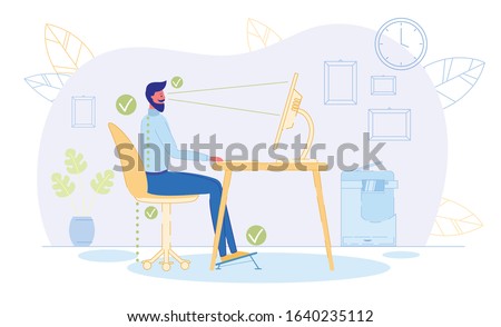 Correct Position to Sit at Table Flat Cartoon Vector Illustration. Ergonomic Concept, Right Posture for Healthy Back. Distance between Screen and Eyes, Good Chair Height, Footrest. Royalty-Free Stock Photo #1640235112