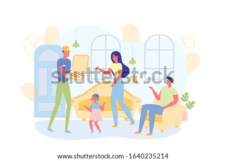 Delivery Man Bringing Pizza to Family Flat Cartoon Vector Illustration. Members Waiting for Fast Food Order. Woman Taking Box, Happy Daughter Wants to Eat. Father Sitting at Armchair.