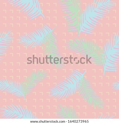 Green blue silhouette tropical palm leaves seamless vector pattern on geometric abstract pink background with yellow corners