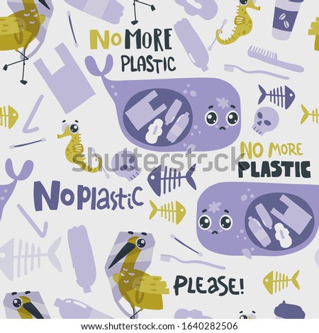 Seamless pattern with sad sea animals and plastic garbage in the ocean. No more plastic hand lettering