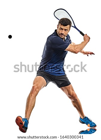 one caucasian mature man practicing squash player in studio isolated on white background Royalty-Free Stock Photo #1640300341