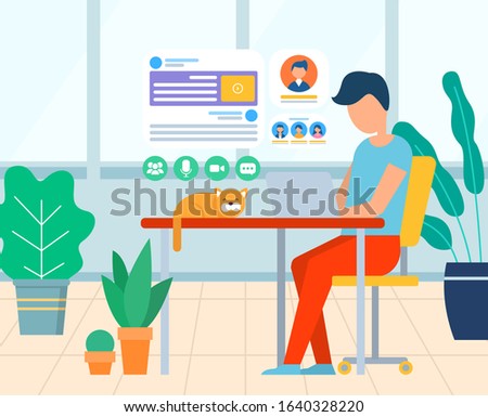Worker communication with laptop, screen of social network. Business workplace with cat on table and houseplant, employee working with computer vector