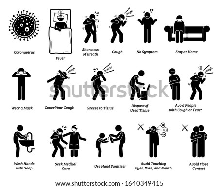 Sign symptoms of coronavirus Covid-19 prevention tips. Vector artwork of people infected with coronavirus, influenza, or flu. Precaution and prevention ways to stop the pandemic virus from spreading.  Royalty-Free Stock Photo #1640349415