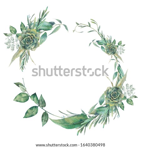 Watercolor greenery, succulent and eucalyptus branches wreath. Floral clip art: round frame isolated on white background. 
