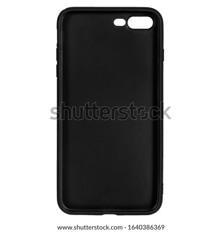 Black silicone case for smartphone or phone with cutouts for the camera. Front view isolated on white background