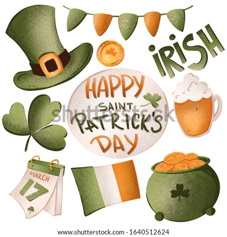 Digital illustration of a cute book set of happy saint patrick day, hat, ale, clover, gold pot. Print for cards, banners, posters, web design, textiles, restaurants and signboards.