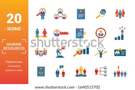 Human Resources icon set. Include creative elements searching, resume, relationship, head hunting, interview icons. Can be used for report, presentation, diagram, web design.