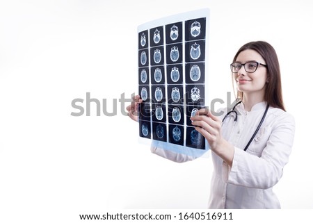 Smiling Female MD is Contented by Head Tomography Film