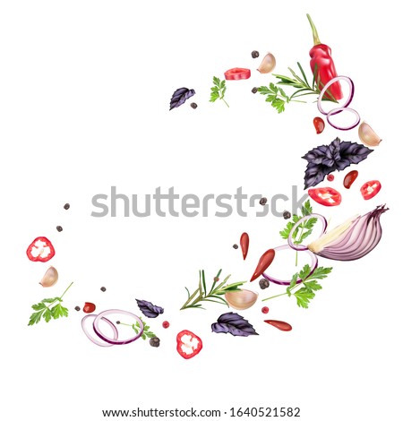 Whirlwind of flying spices and vegetables in a circle. Onions, peppers, herbs. Vector realistic illustration isolated on white background. Royalty-Free Stock Photo #1640521582