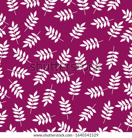 Simple vintage pattern. Maroon background, white plants leaves. The print is well suited for textiles, Wallpaper, and packaging.