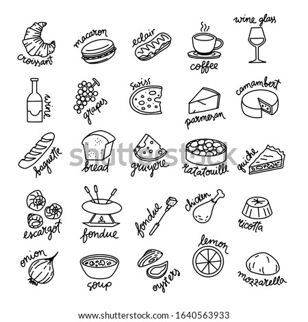 French cuisine food products isolated vector clip art illustration. Croissant, quiche, wine, ratatouille, mozzarella, Parmesan, soup, cheese. Black line art