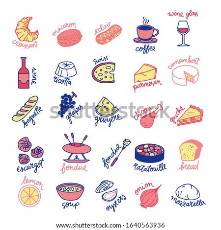 French cuisine food products isolated vector clip art illustration. Croissant, quiche, wine, ratatouille, mozzarella, Parmesan, soup, cheese.