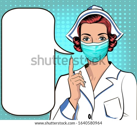 Masked nurse points to retro style pop art message illustration.