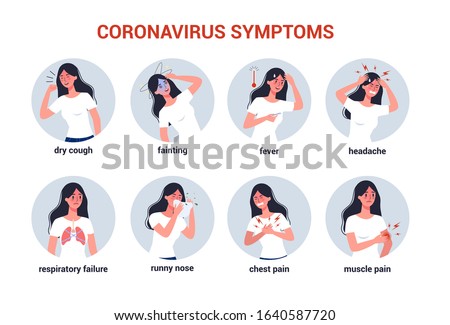 2019-nCoV covid-19 symptoms. Coronovirus alert. Woman with chinese dangerous diseas. Set of isolated vector illustration in cartoon style Royalty-Free Stock Photo #1640587720