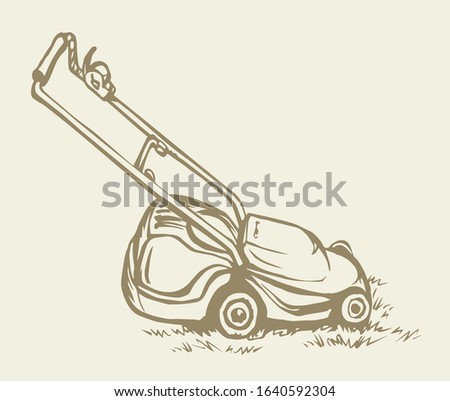 Modern handle grasscutter scythe device on white ground space for text. Freehand outline black ink hand drawn turf shear chore machinery object logo emblem pictogram design sketchy in art doodle style